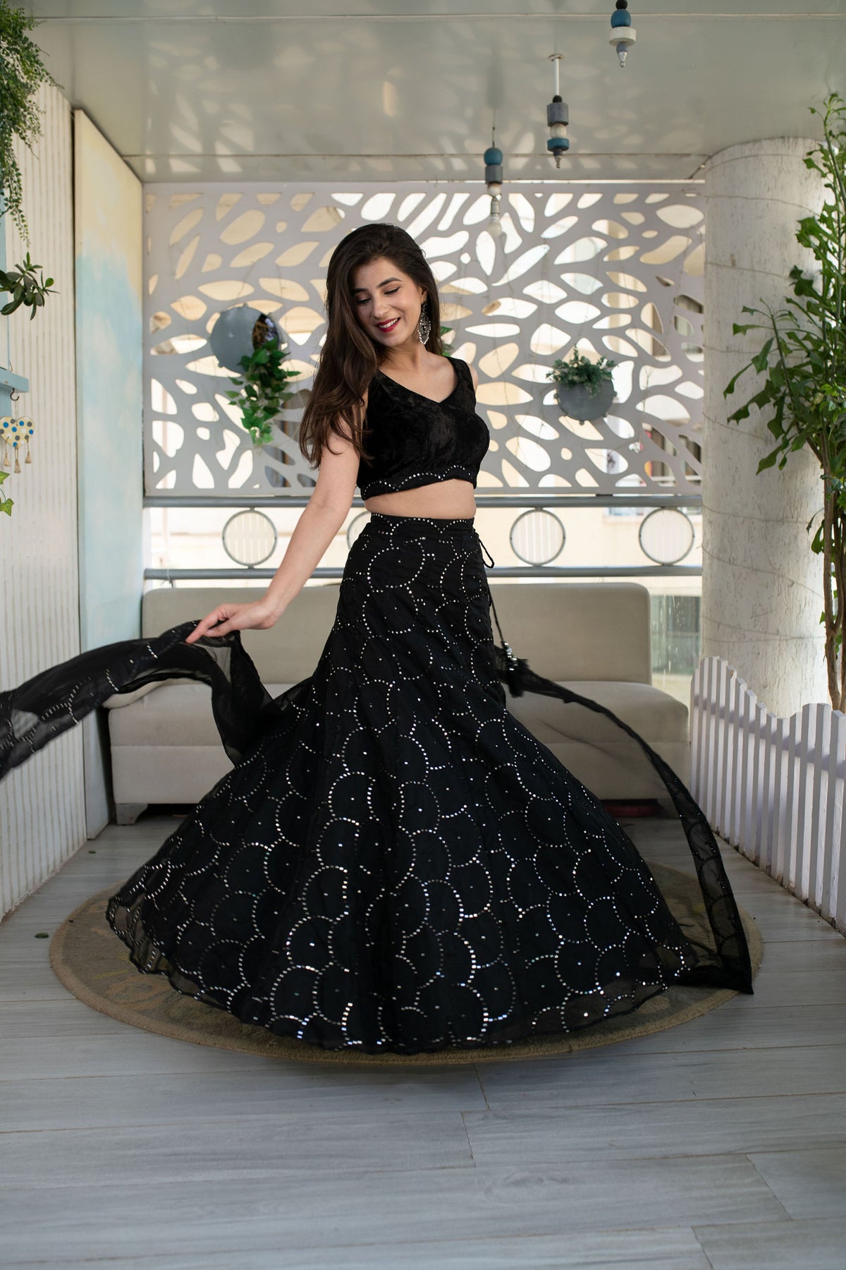 Black Georgette Sequins & Zari Embroidered Festive Lehenga