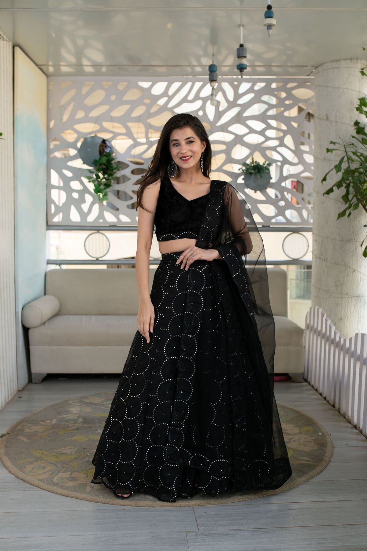 Black Georgette Sequins & Zari Embroidered Festive Lehenga
