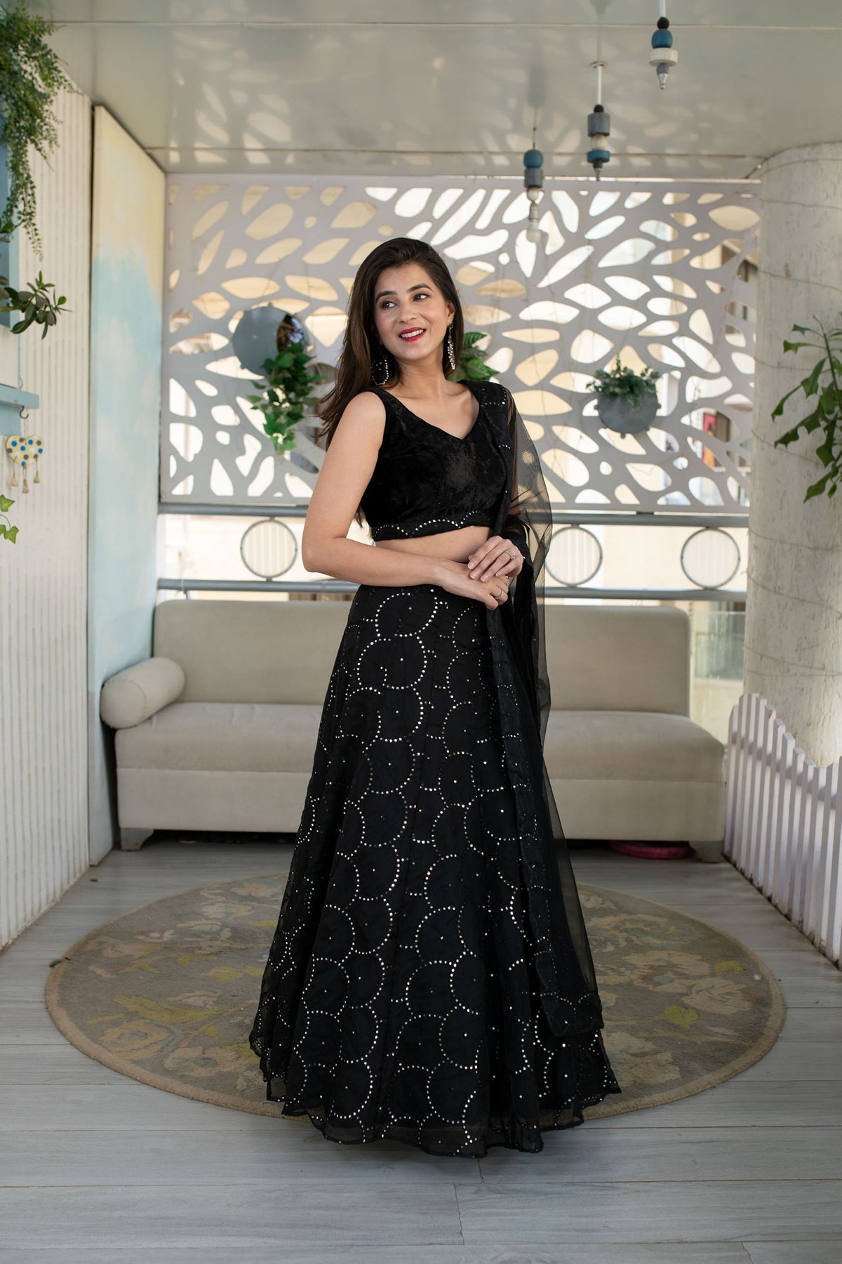 Black Georgette Sequins & Zari Embroidered Festive Lehenga