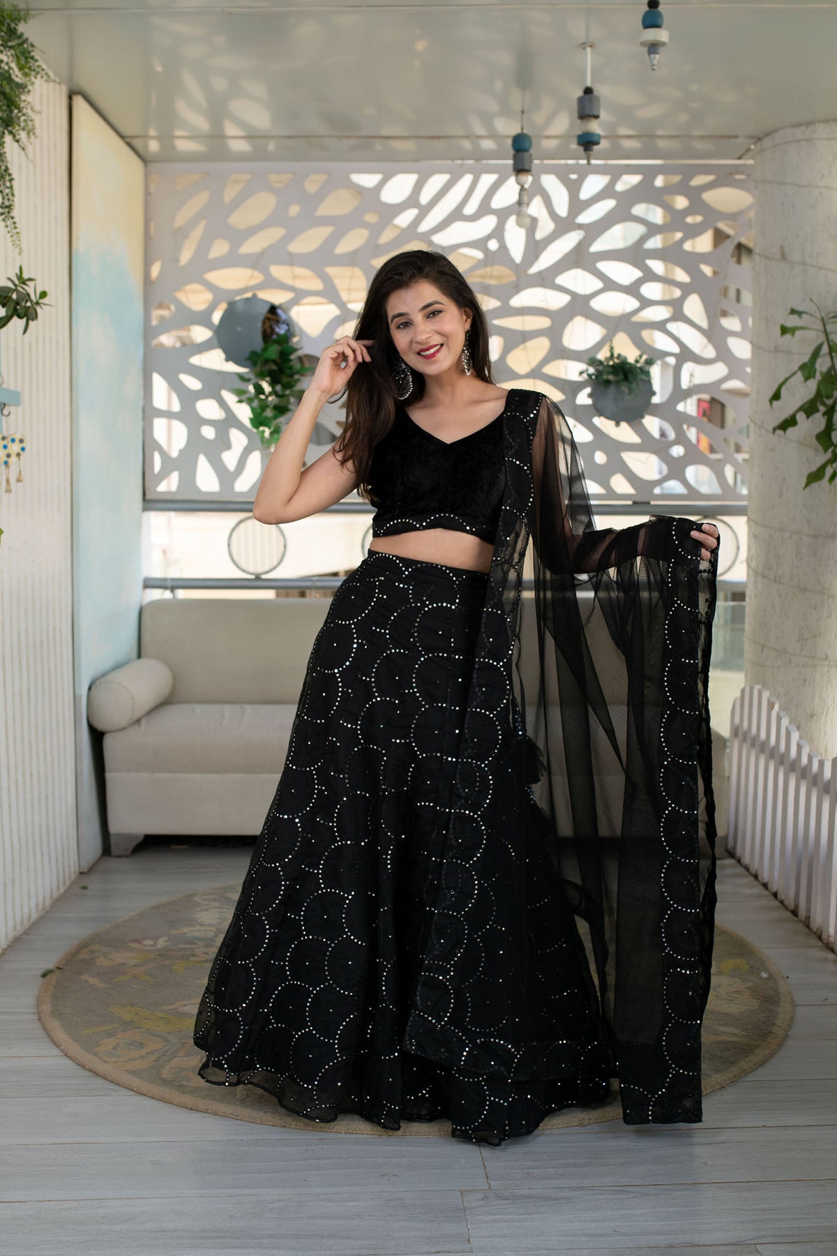 Black Georgette Sequins & Zari Embroidered Festive Lehenga