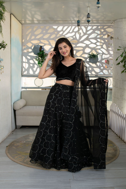 Black Georgette Sequins & Zari Embroidered Festive Lehenga