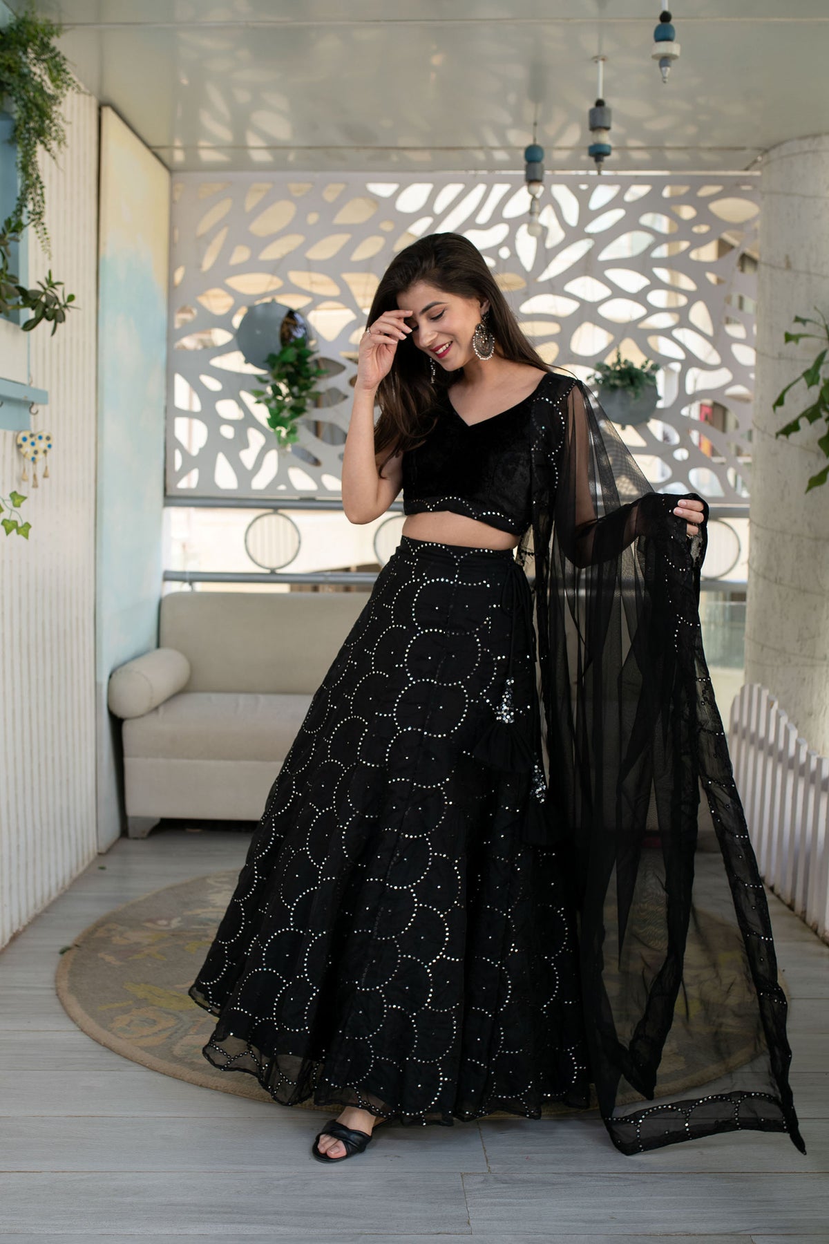 Black Georgette Sequins & Zari Embroidered Festive Lehenga
