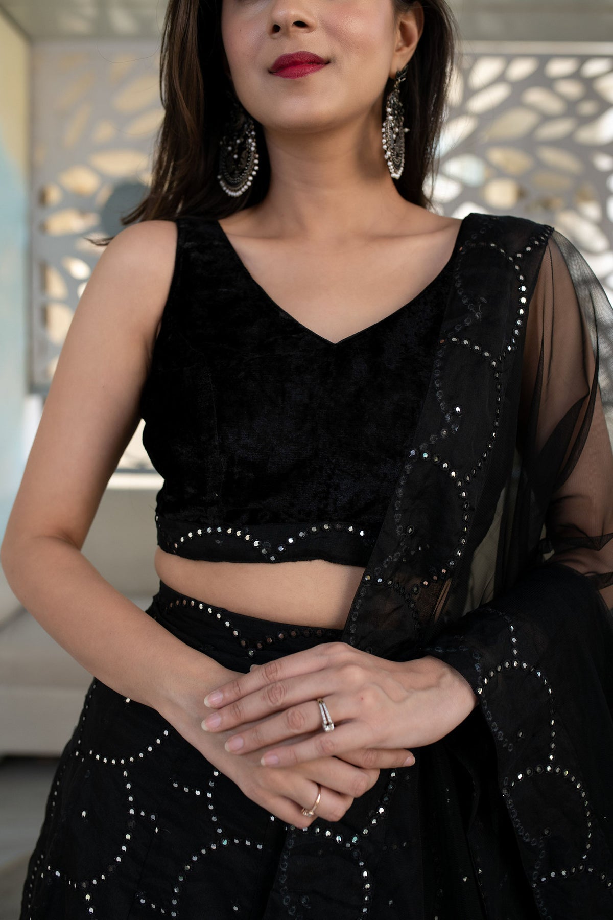 Black Georgette Sequins & Zari Embroidered Festive Lehenga