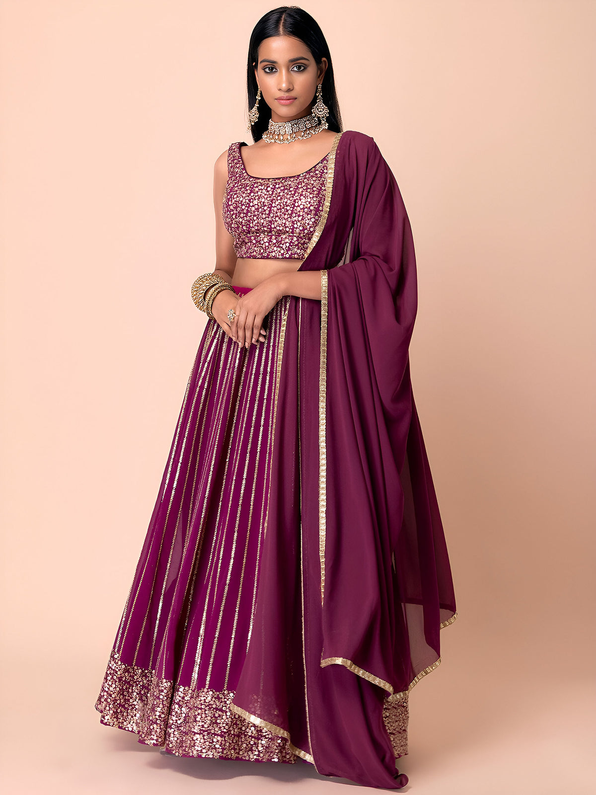 Wine Sequins & Zari Embroidered Georgette Bridesmaid Lehenga Choli