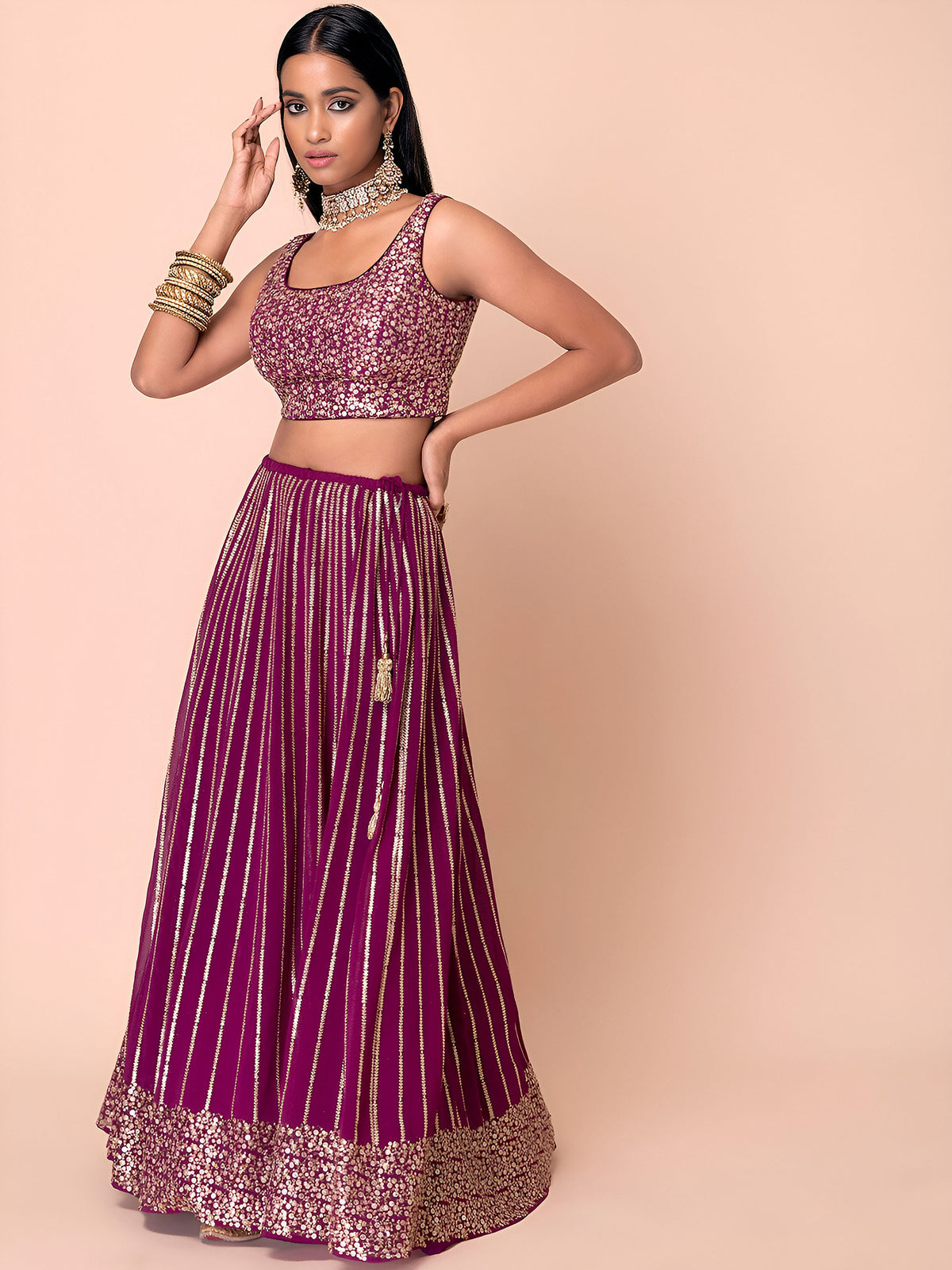 Wine Sequins & Zari Embroidered Georgette Bridesmaid Lehenga Choli