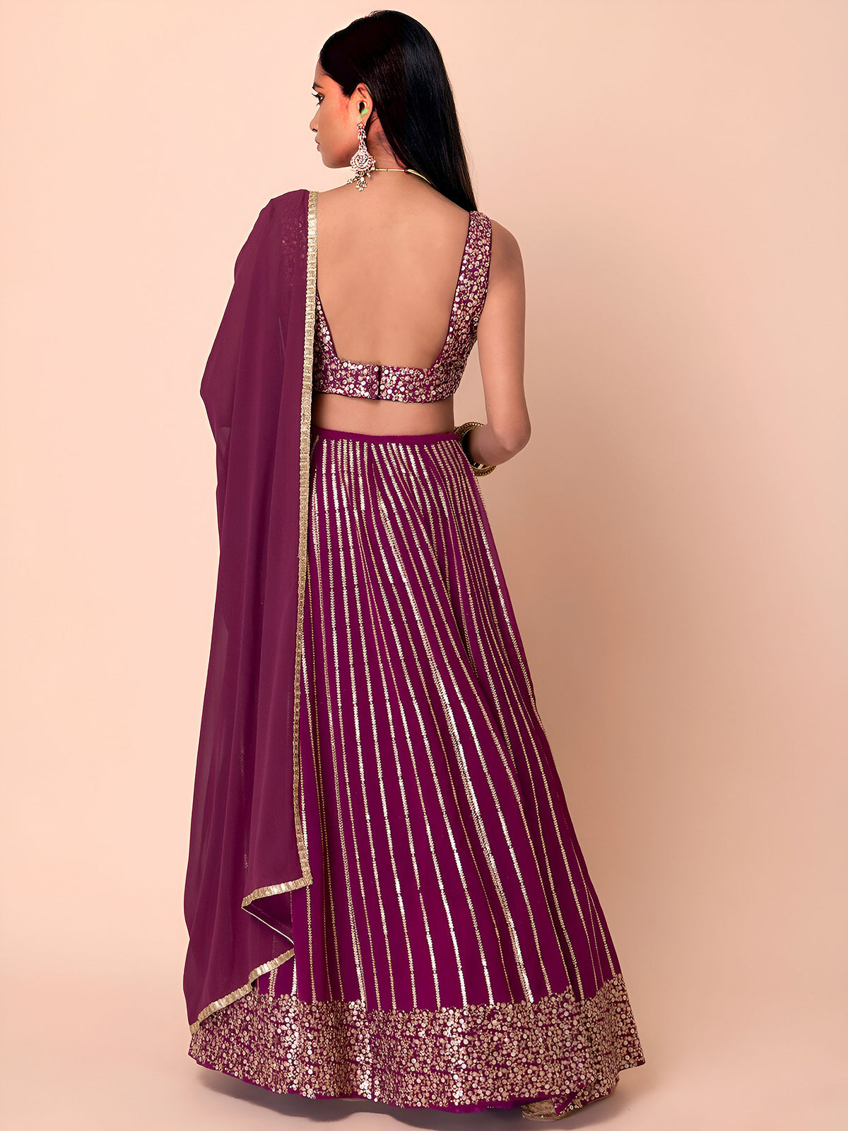 Wine Sequins & Zari Embroidered Georgette Bridesmaid Lehenga Choli