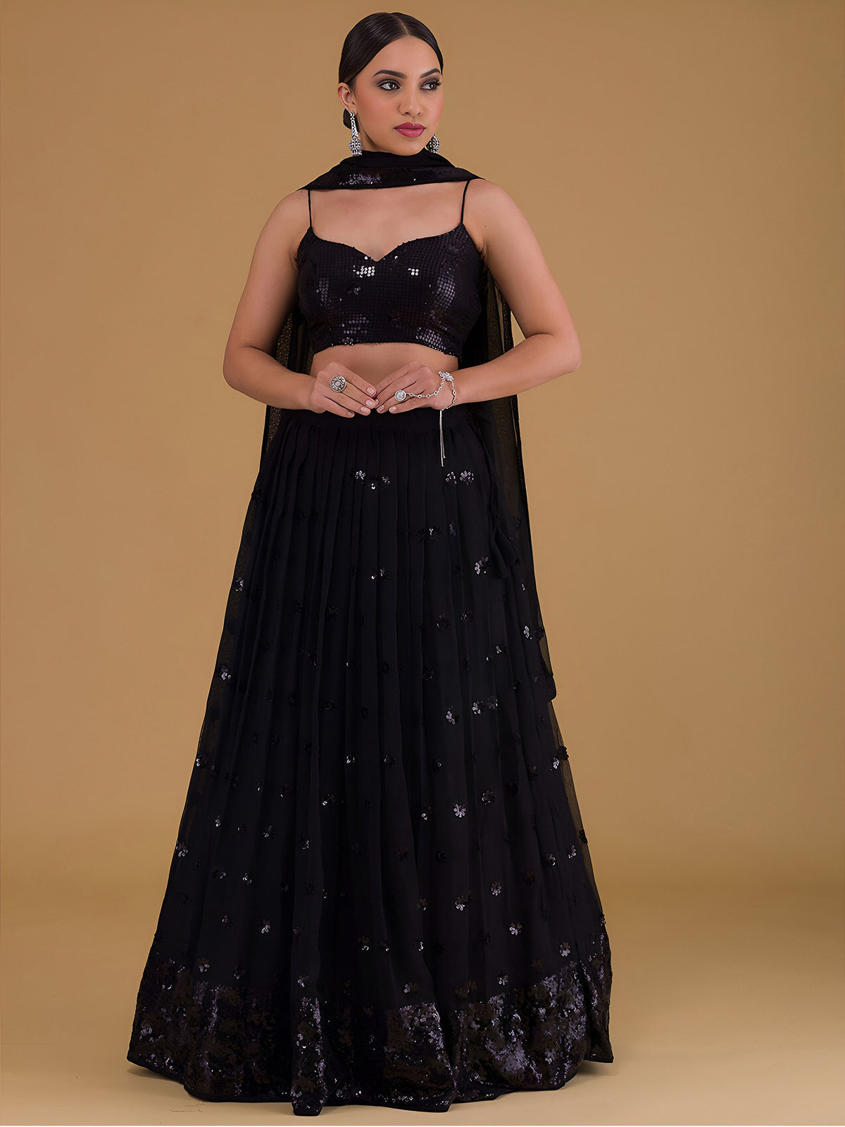 Black Sequins & Zari Embroidered Georgette Party Wear Lehenga Choli