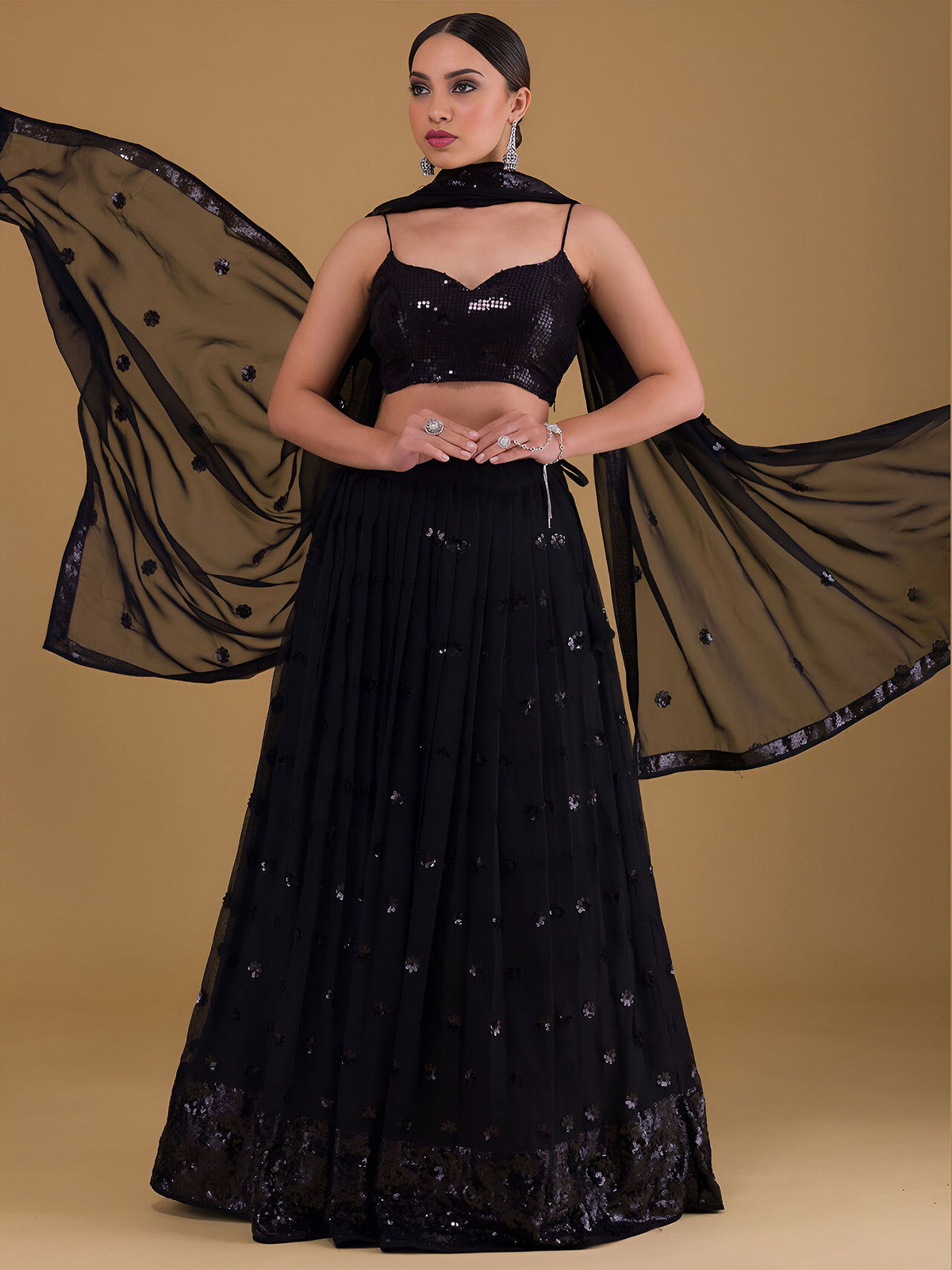 Black Sequins & Zari Embroidered Georgette Party Wear Lehenga Choli