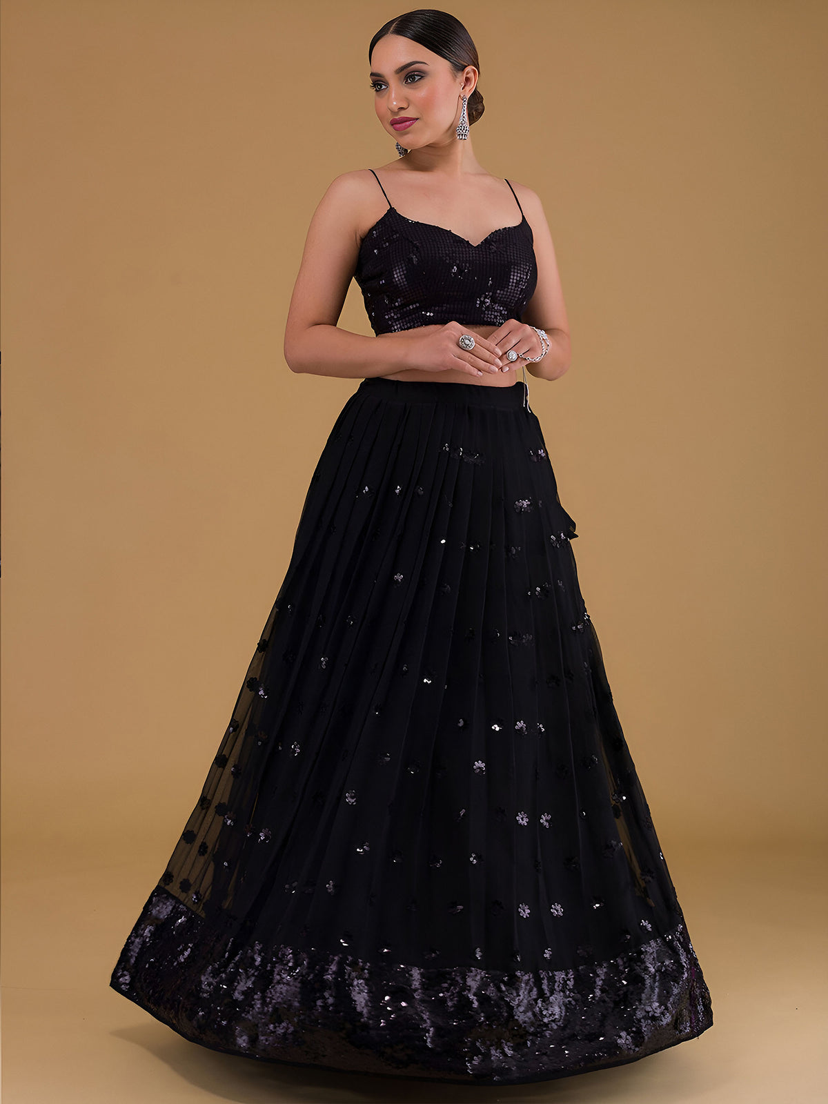Black Sequins & Zari Embroidered Georgette Party Wear Lehenga Choli