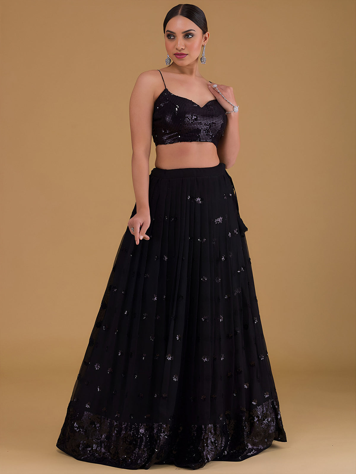 Black Sequins & Zari Embroidered Georgette Party Wear Lehenga Choli
