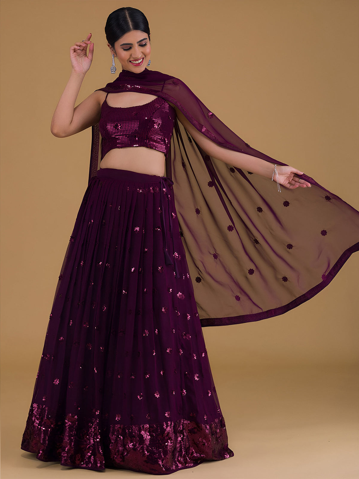 Purple Sequins & Zari Embroidered Georgette Lehenga Choli for Wedding Guest