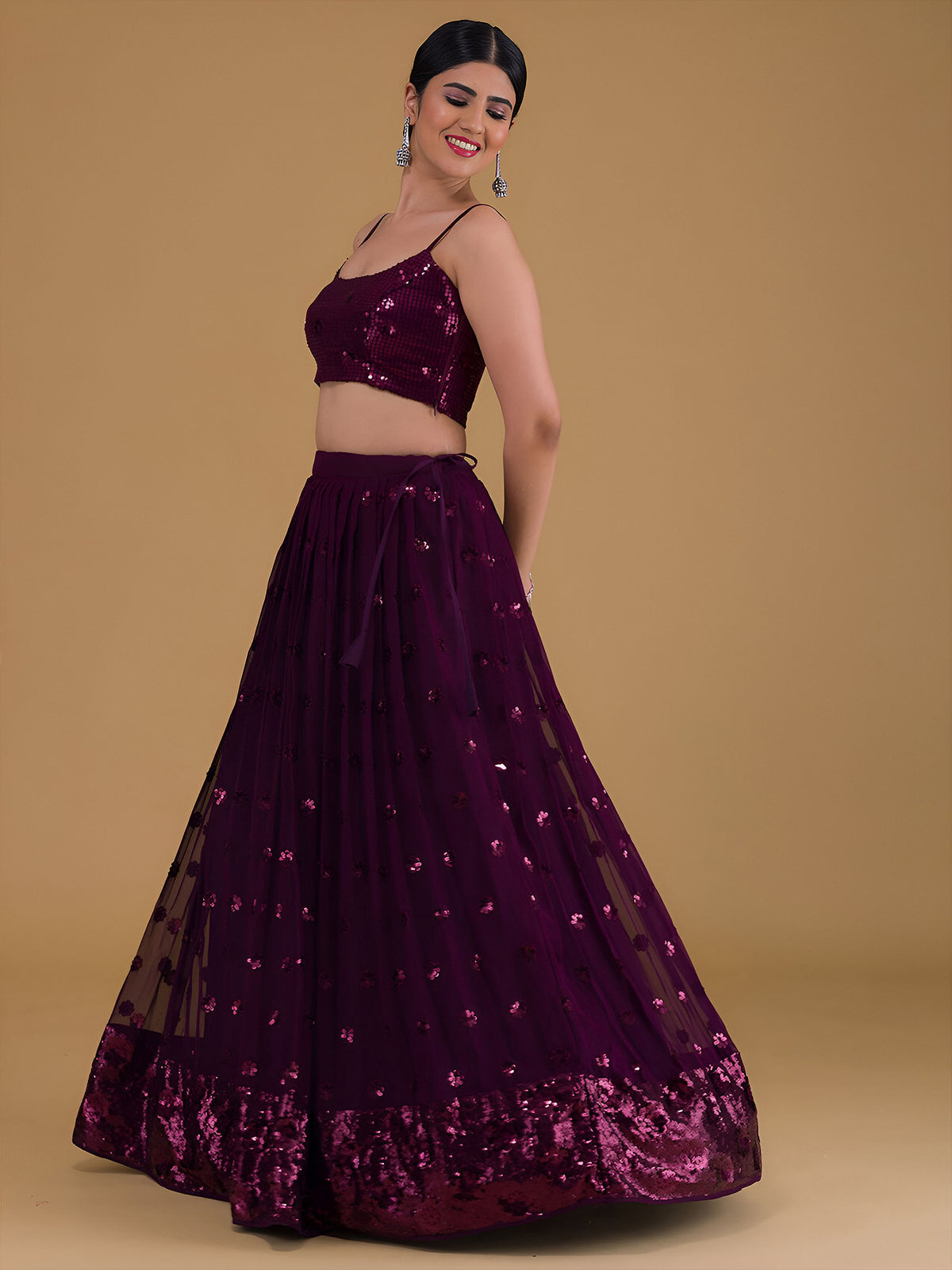 Purple Sequins & Zari Embroidered Georgette Lehenga Choli for Wedding Guest