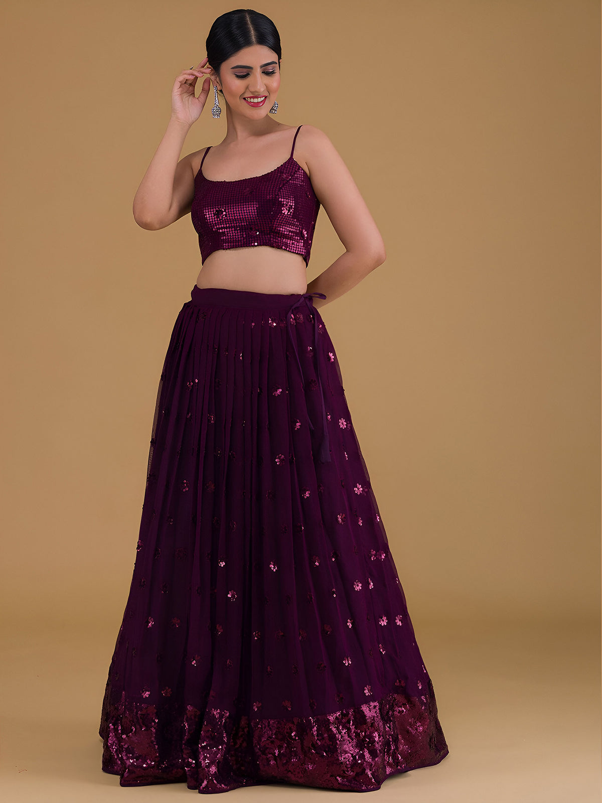 Purple Sequins & Zari Embroidered Georgette Lehenga Choli for Wedding Guest