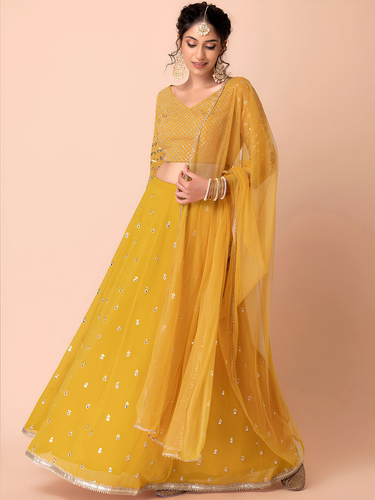 Yellow Sequins & Zari Embroidered Georgette Haldi Lehenga Choli