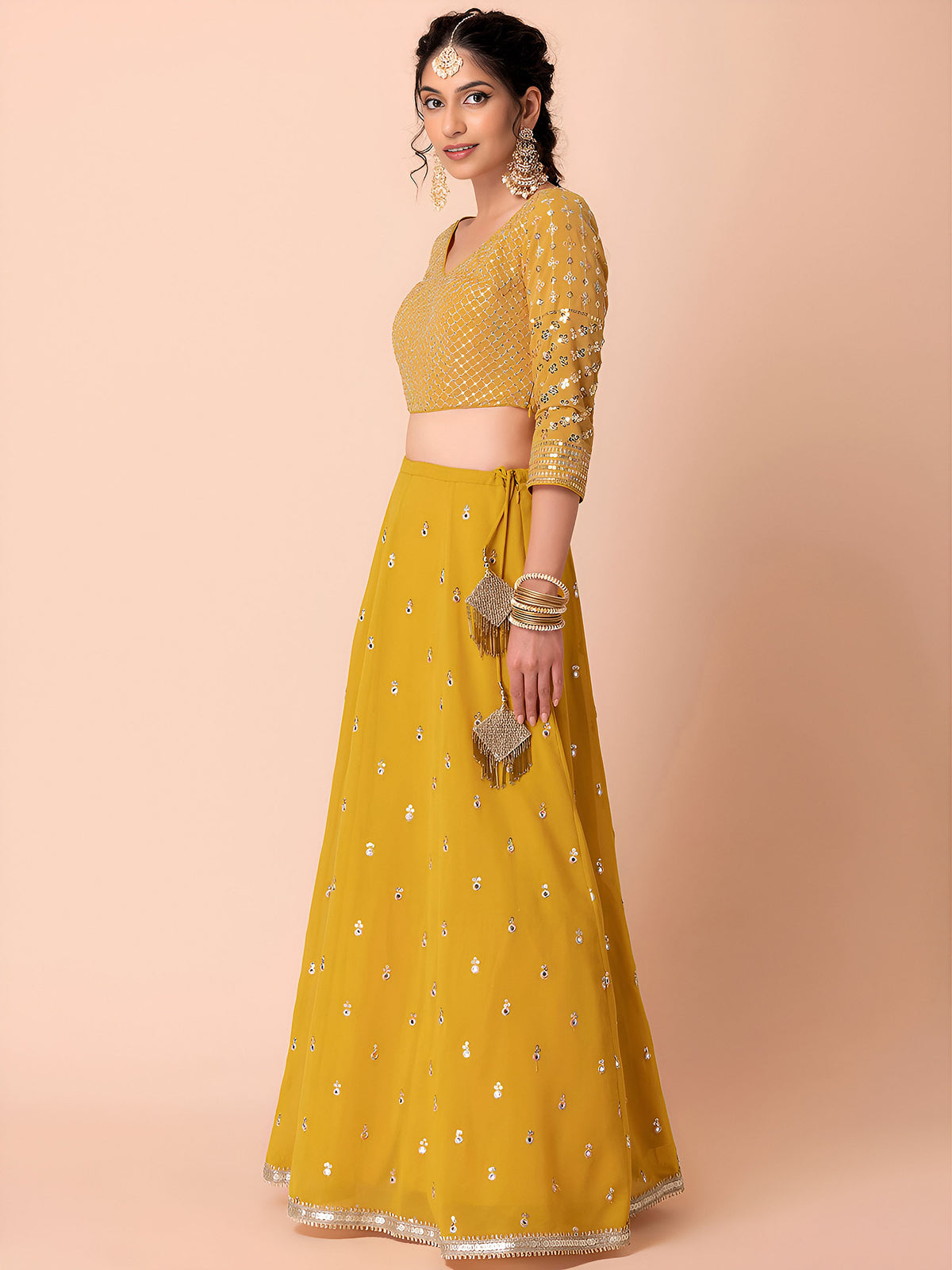 Yellow Sequins & Zari Embroidered Georgette Haldi Lehenga Choli