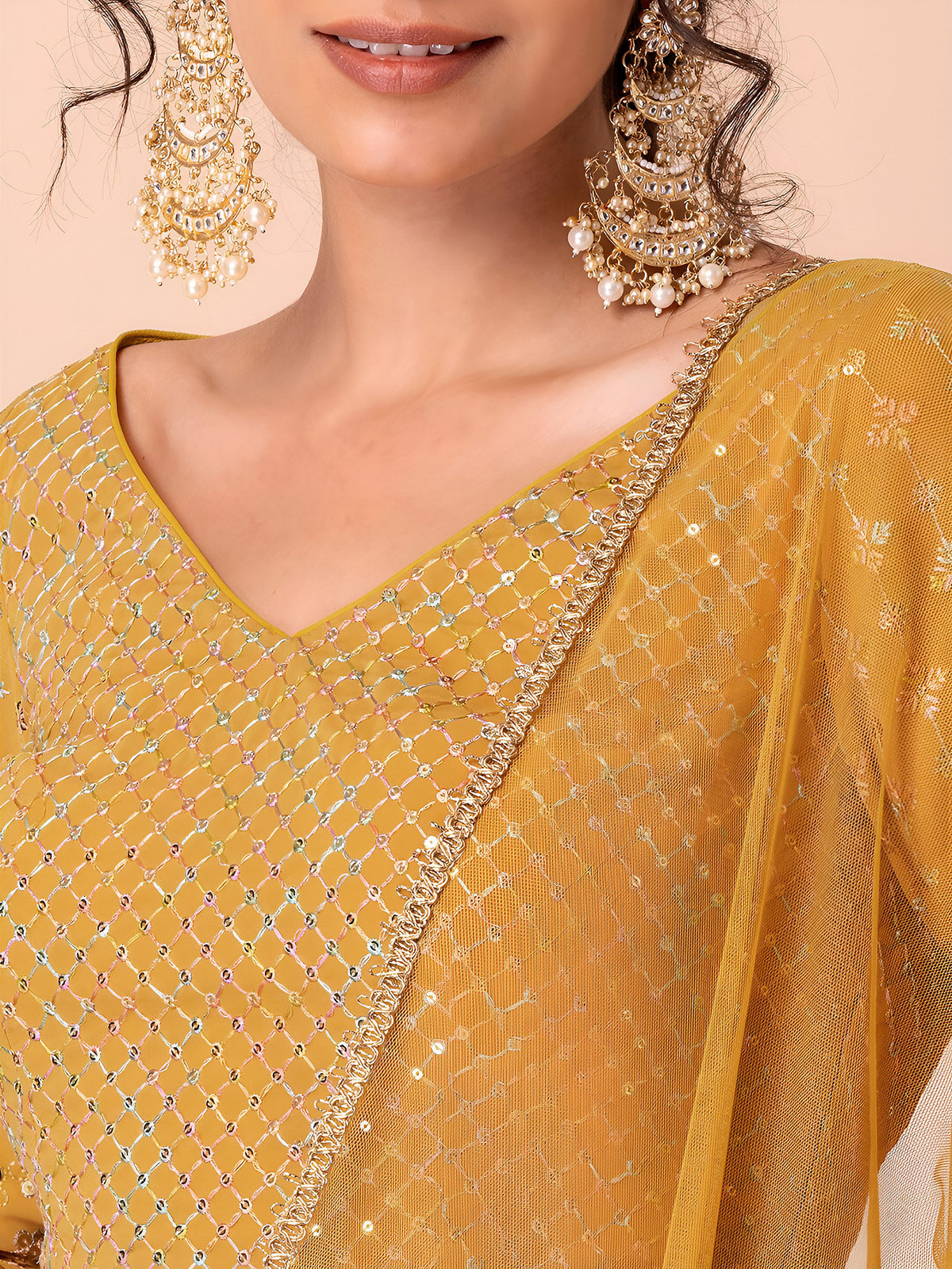 Yellow Sequins & Zari Embroidered Georgette Haldi Lehenga Choli