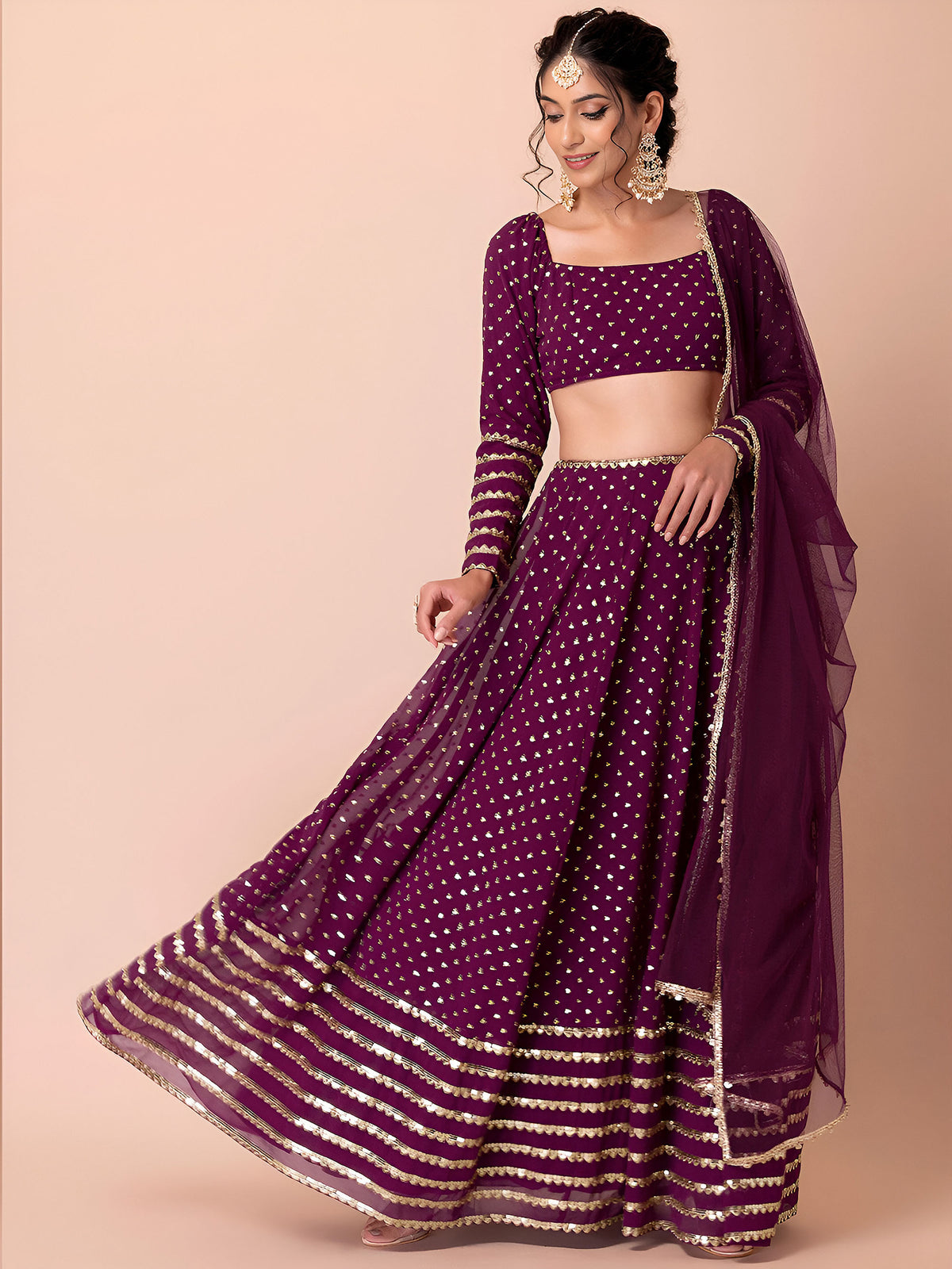 Wine Sequins & Zari Embroidered Georgette Wedding Guest Lehenga Choli