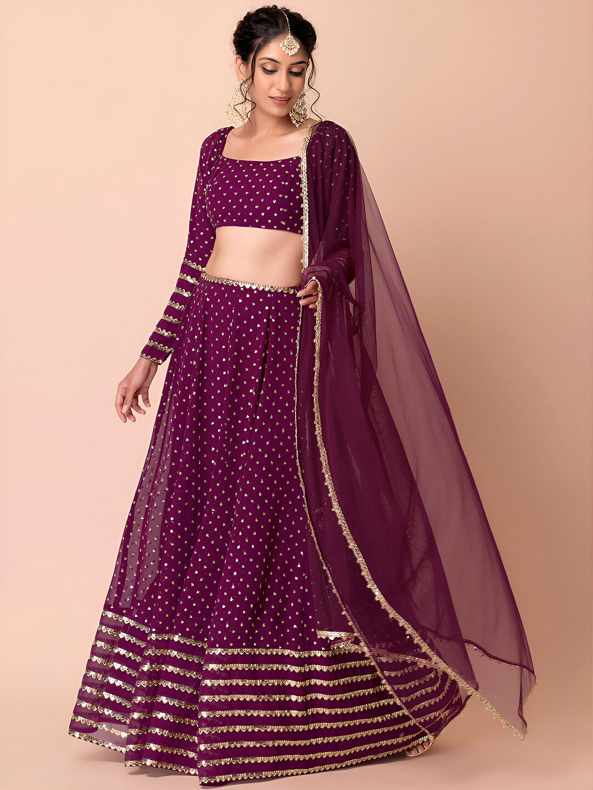 Wine Sequins & Zari Embroidered Georgette Wedding Guest Lehenga Choli
