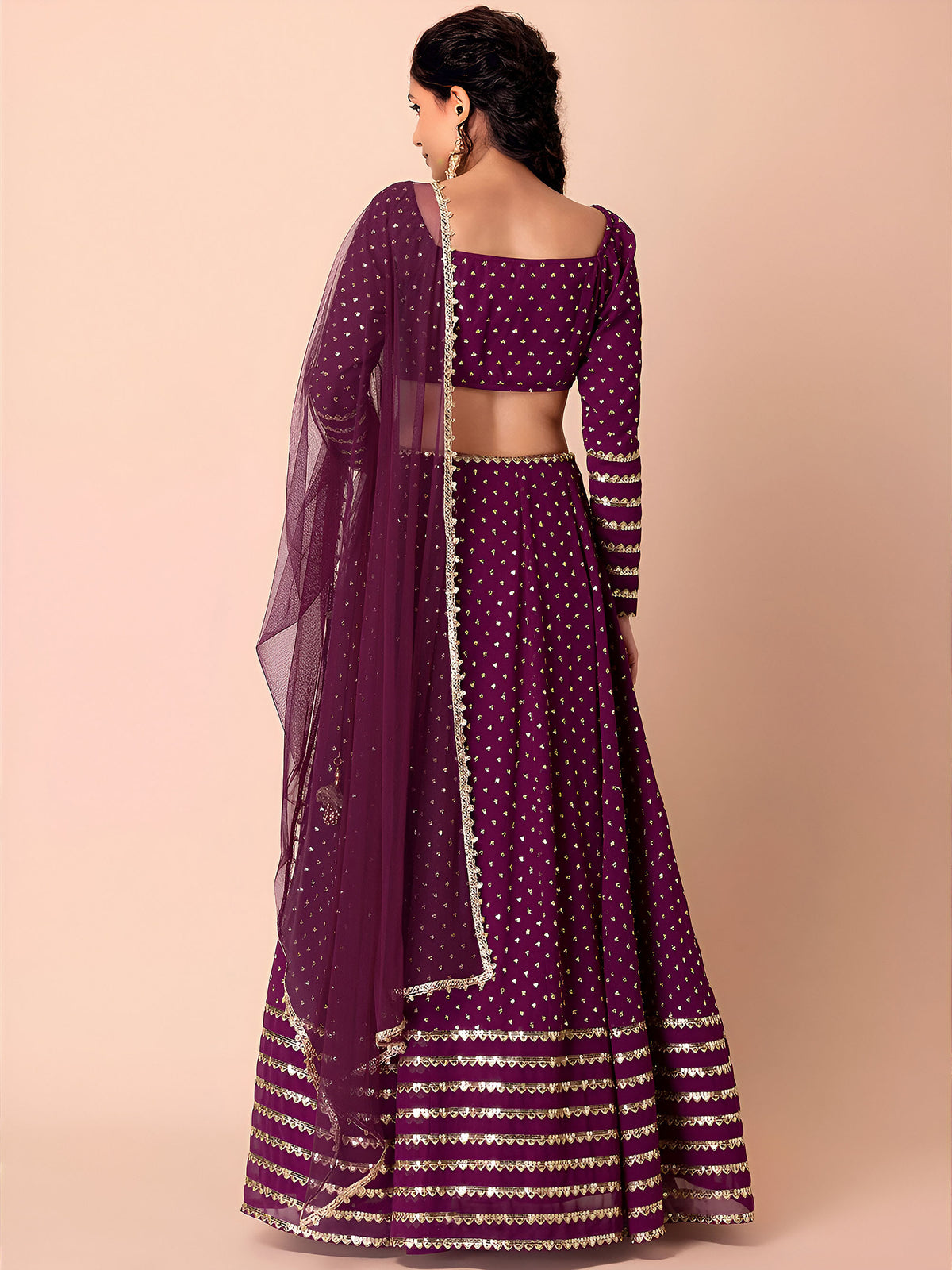 Wine Sequins & Zari Embroidered Georgette Wedding Guest Lehenga Choli
