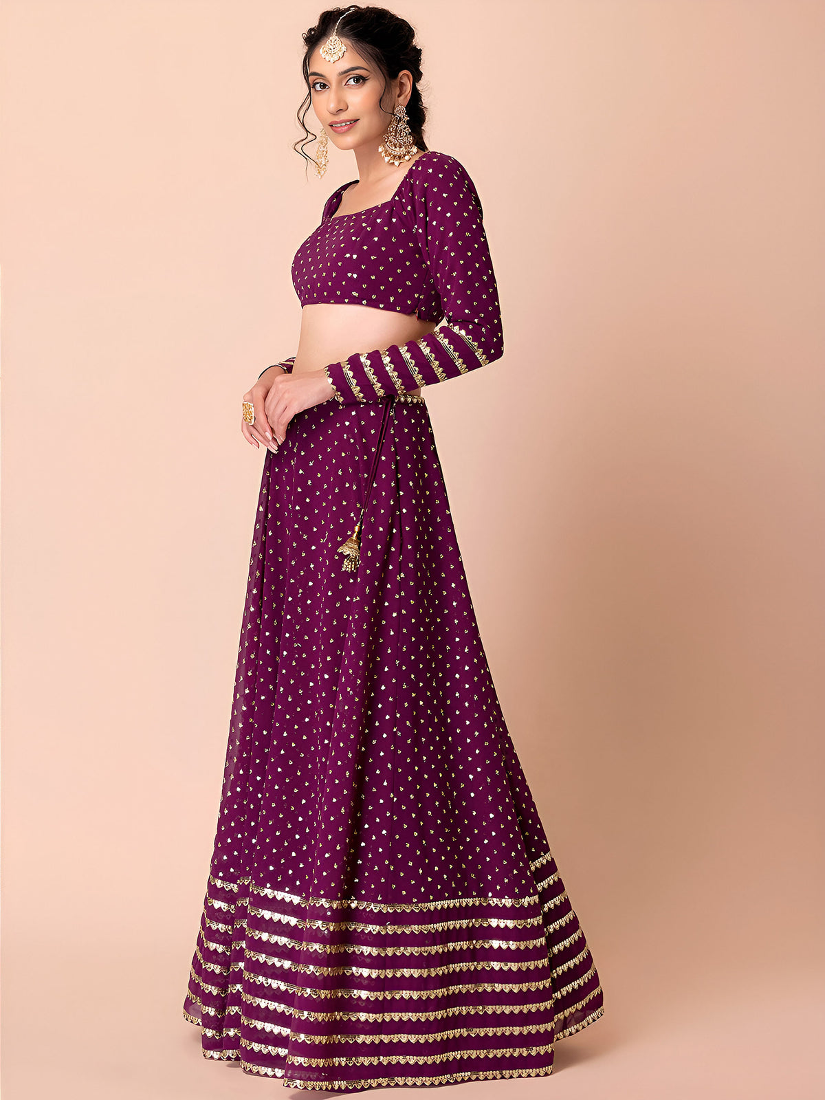 Wine Sequins & Zari Embroidered Georgette Wedding Guest Lehenga Choli