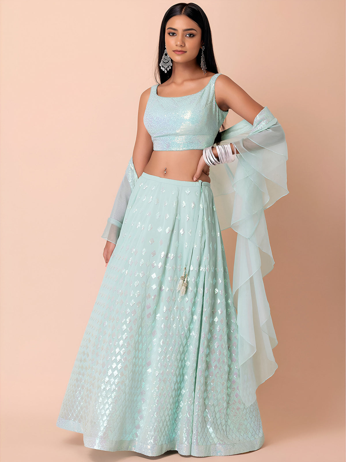 Light Blue Sequins & Zari Embroidered Georgette Festive Lehenga Choli