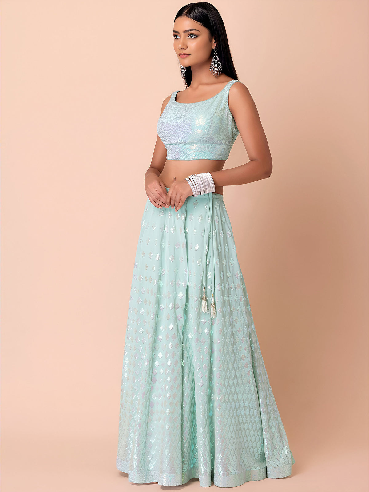 Light Blue Sequins & Zari Embroidered Georgette Festive Lehenga Choli