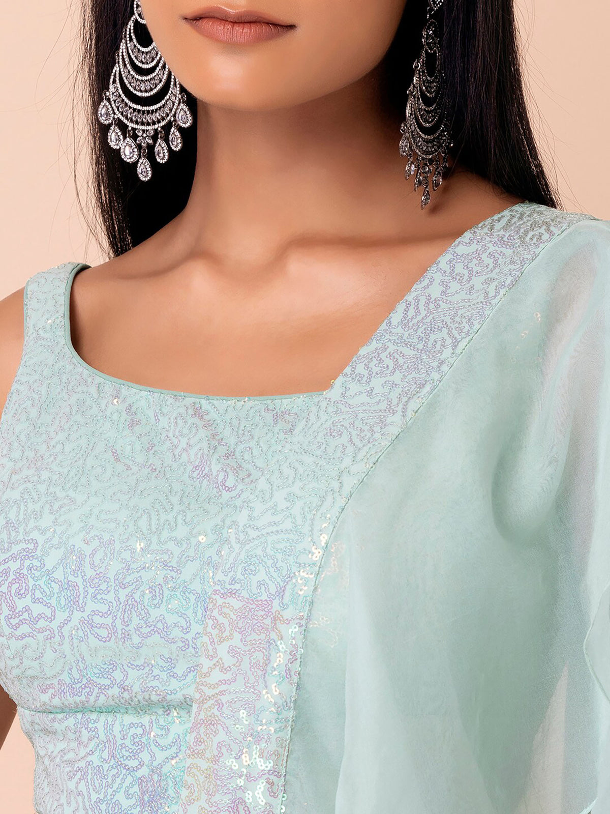 Light Blue Sequins & Zari Embroidered Georgette Festive Lehenga Choli
