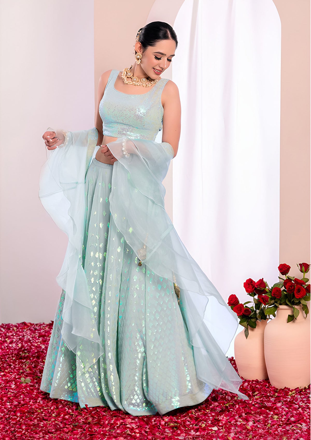 Light Blue Sequins & Zari Embroidered Georgette Festive Lehenga Choli