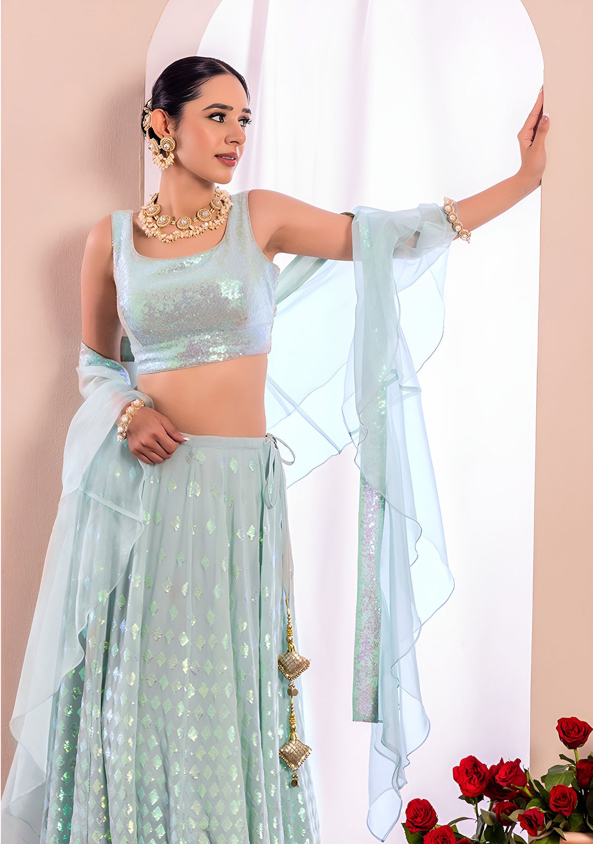 Light Blue Sequins & Zari Embroidered Georgette Festive Lehenga Choli
