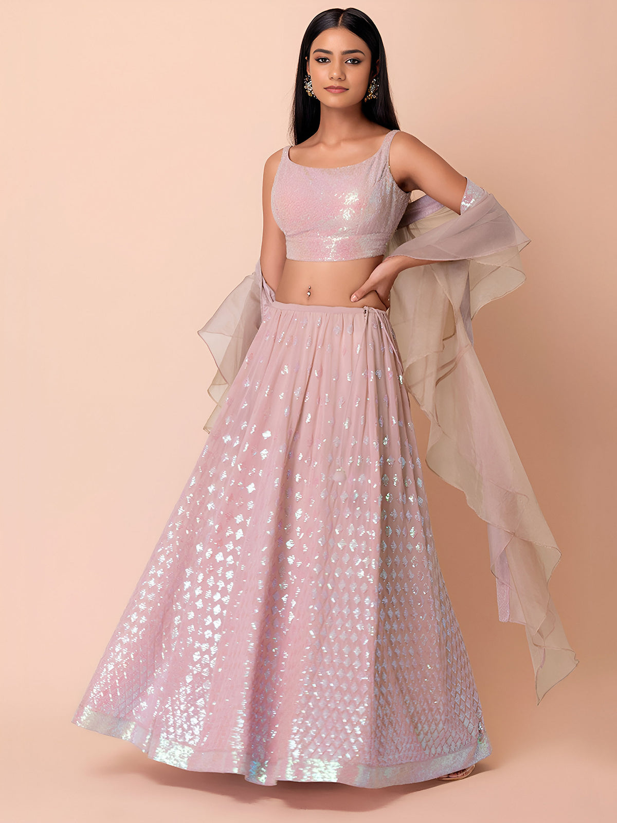Light Pink Sequins & Zari Embroidered Georgette Sangeet Lehenga Choli