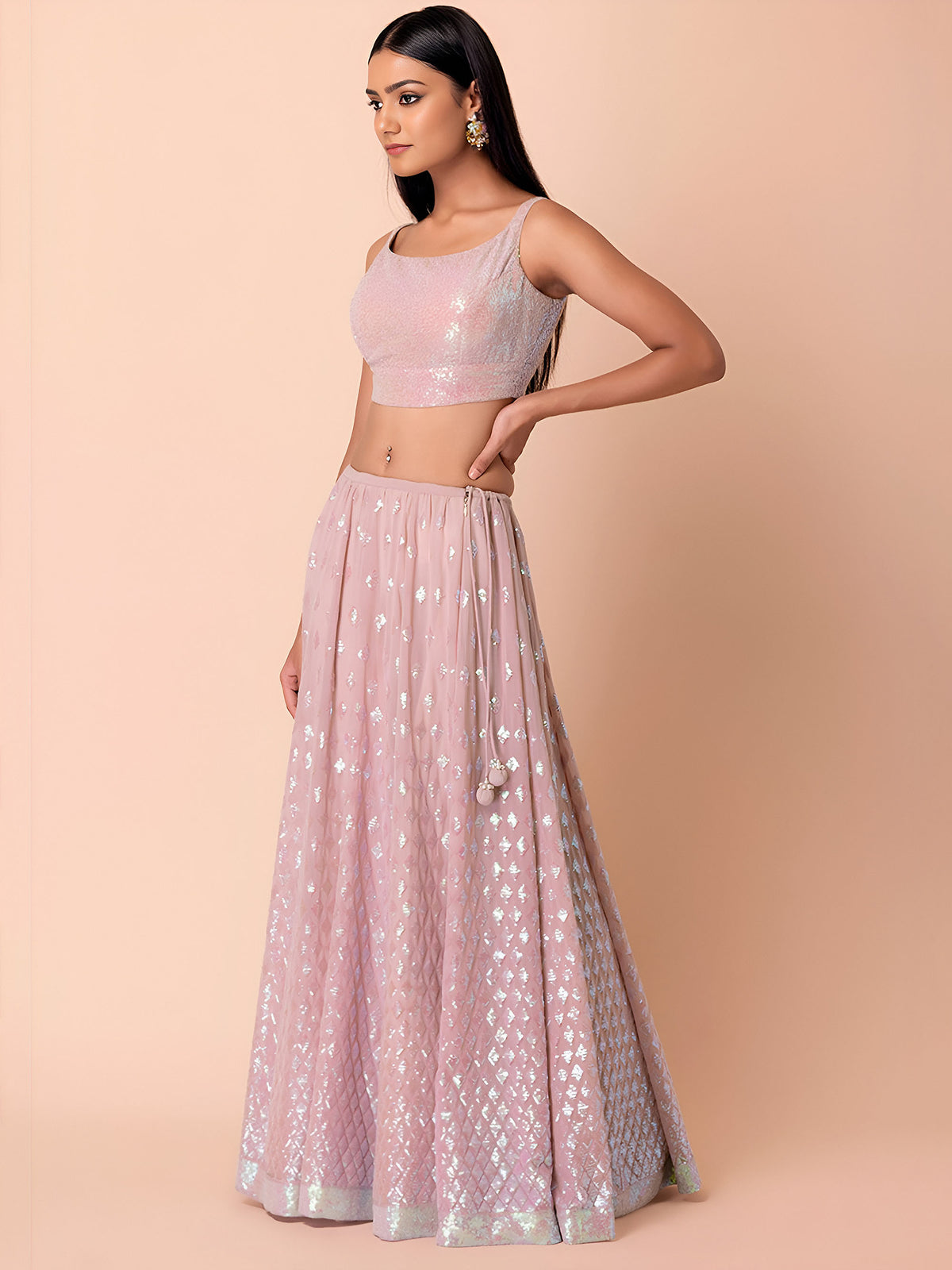 Light Pink Sequins & Zari Embroidered Georgette Sangeet Lehenga Choli