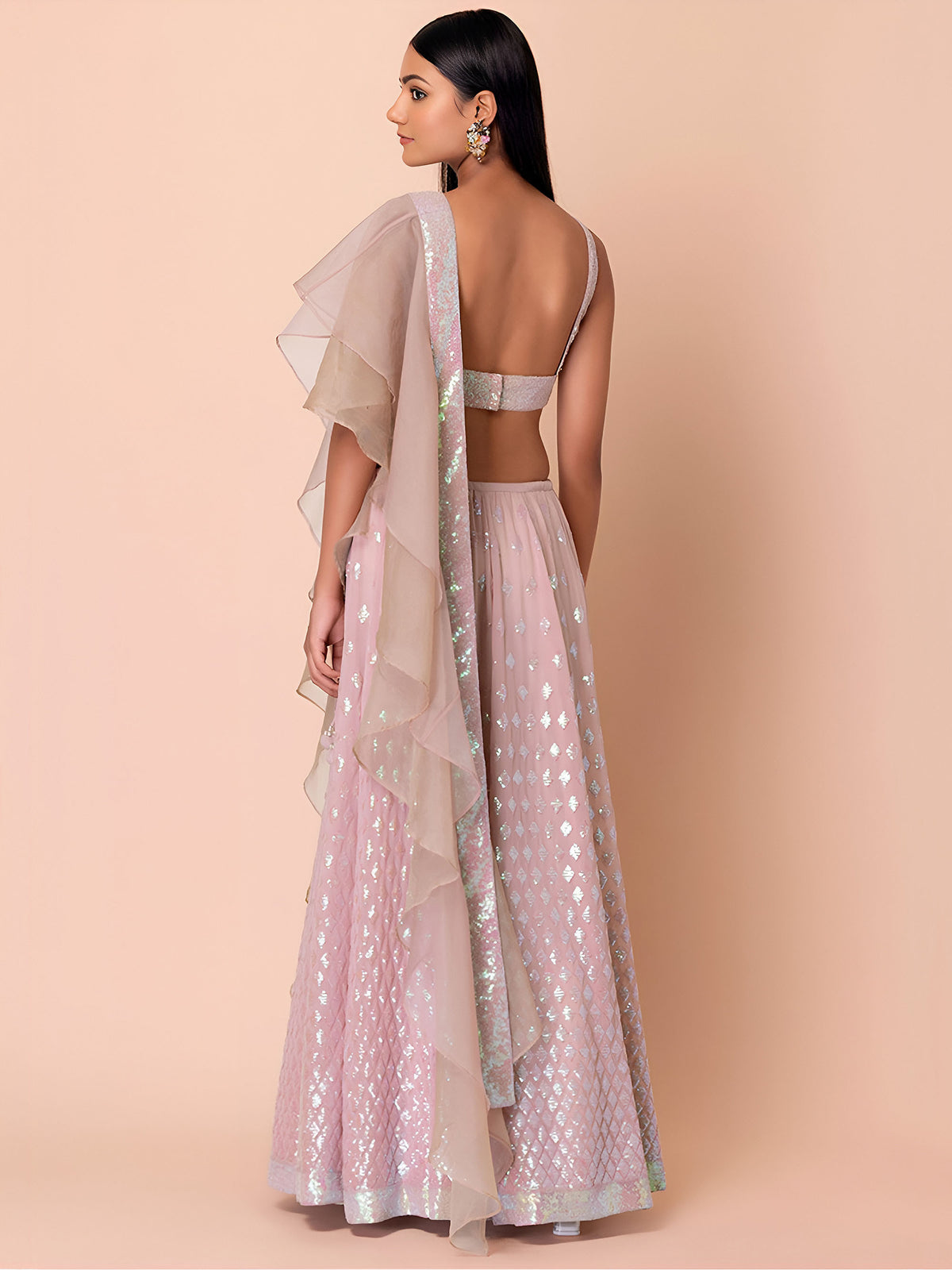 Light Pink Sequins & Zari Embroidered Georgette Sangeet Lehenga Choli