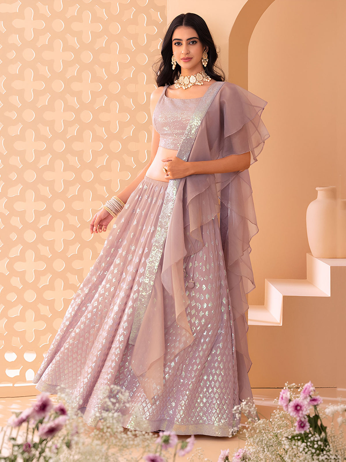 Light Pink Sequins & Zari Embroidered Georgette Sangeet Lehenga Choli