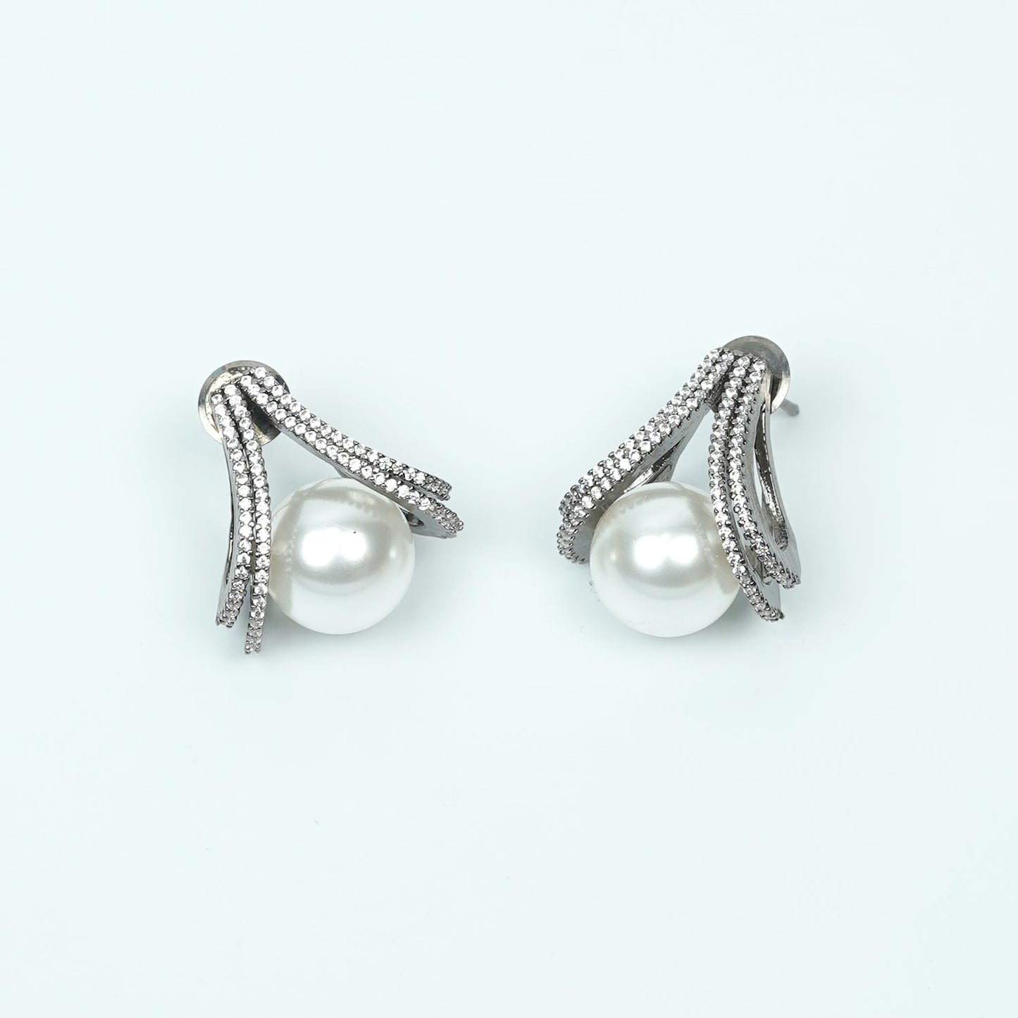 Zevar Club Rhodium-Plated Cubic Zirconia & White Pearl Sculpted Swirl Stud Earrings
