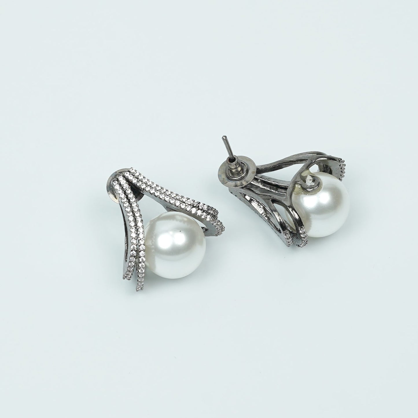 Zevar Club Rhodium-Plated Cubic Zirconia & White Pearl Sculpted Swirl Stud Earrings