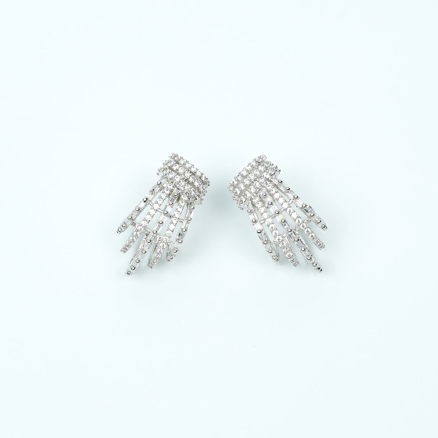 Zevar Club Rhodium-Plated Handcrafted Cubic Zirconia Studded Demi-Fine Layered Fringe Earrings