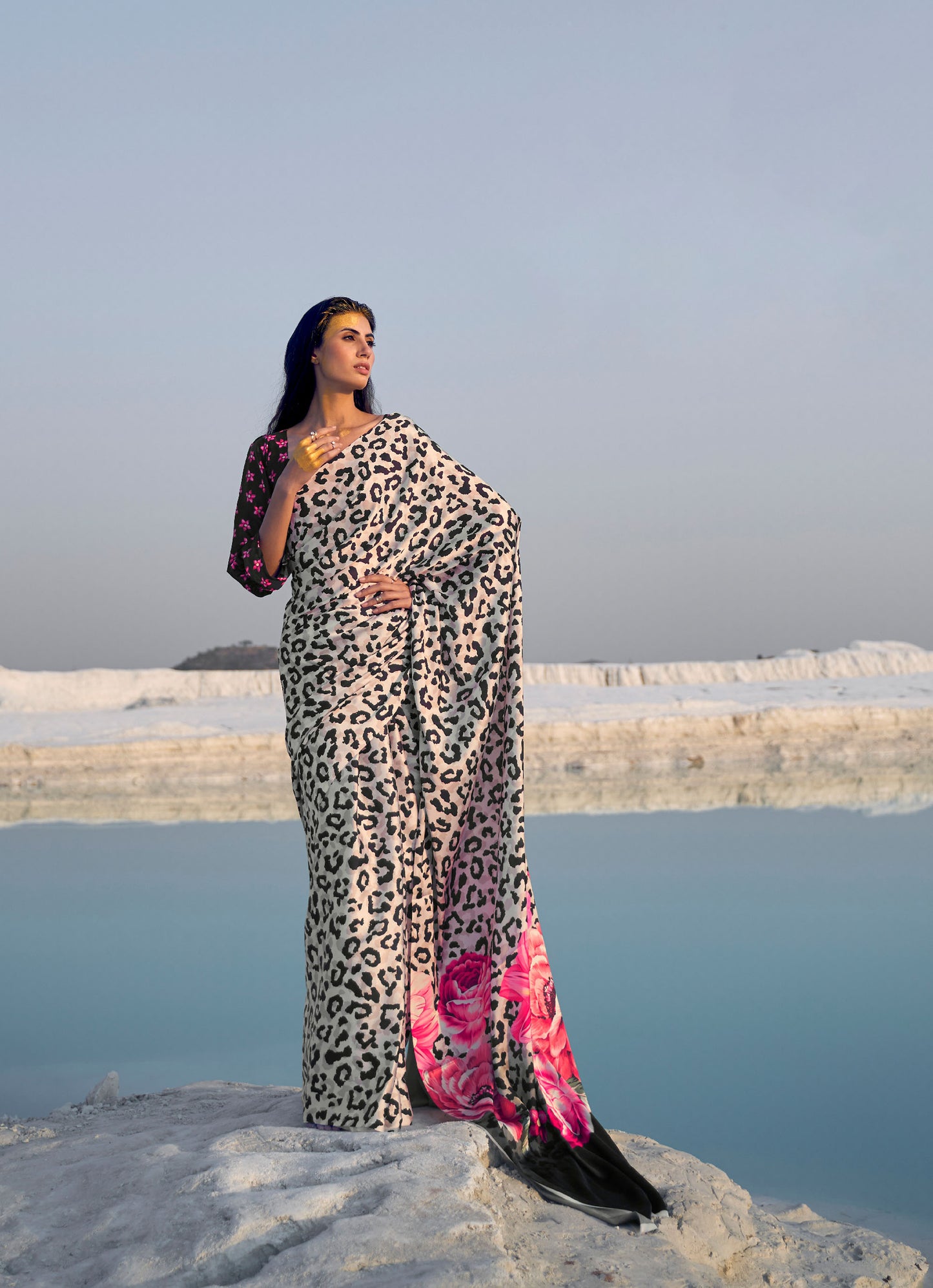 Beige Black Kasa Digital Print Saree