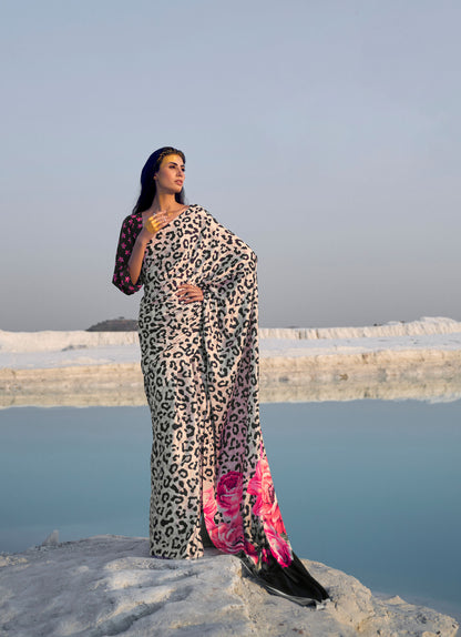 Beige Black Kasa Digital Print Saree