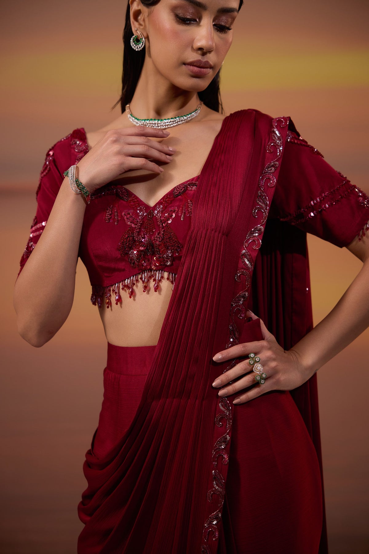 Dark Maroon Sequins Embroidered Chiffon Satin Party Wear Drape Saree Set