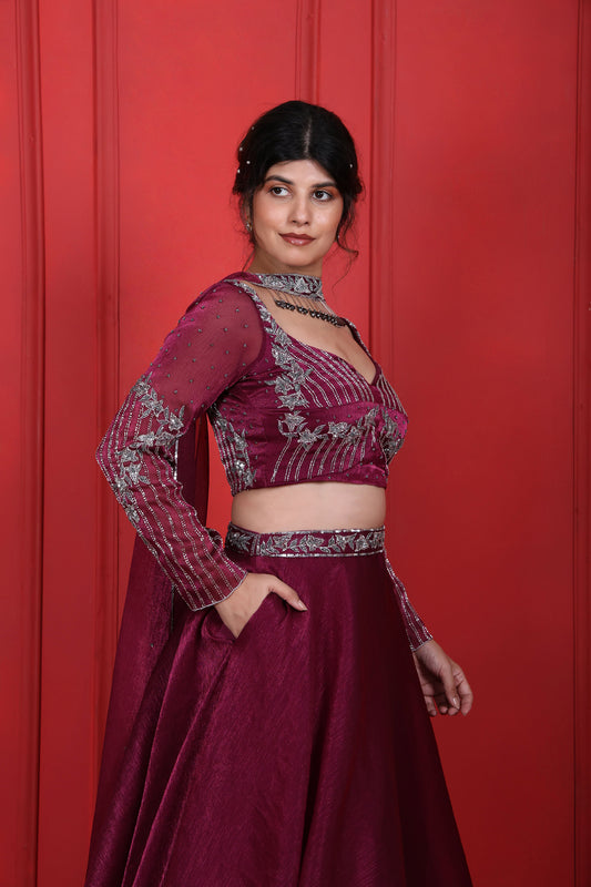 Pansy Purple Heavy Hand Embroidered Full Fitted Sleeves Choli With Lehenga Set