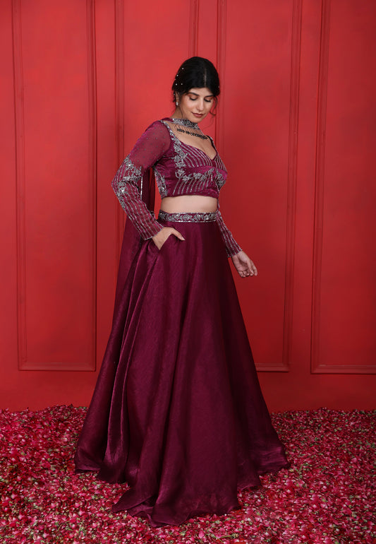 Pansy Purple Heavy Hand Embroidered Full Fitted Sleeves Choli With Lehenga Set