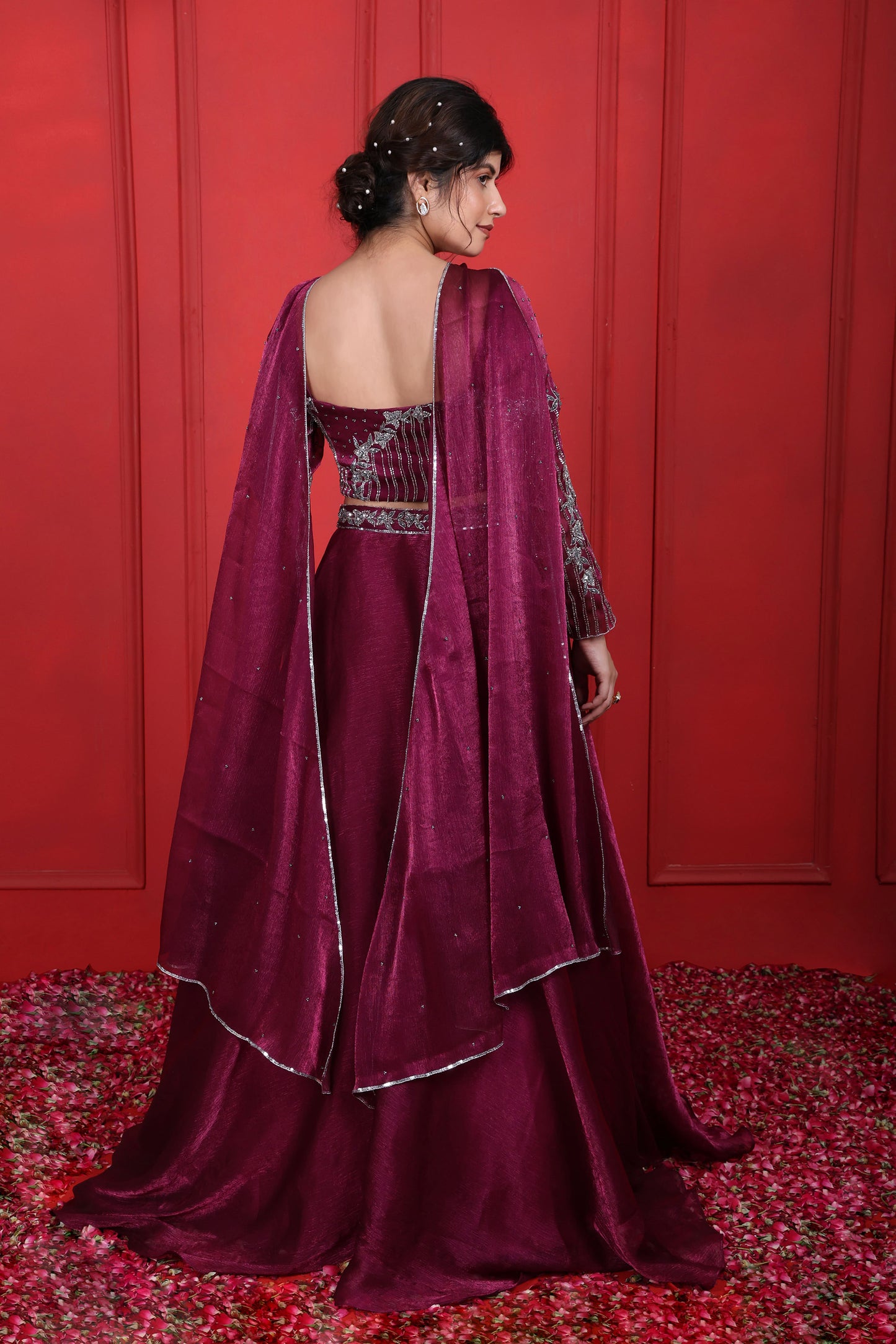 Pansy Purple Heavy Hand Embroidered Full Fitted Sleeves Choli With Lehenga Set