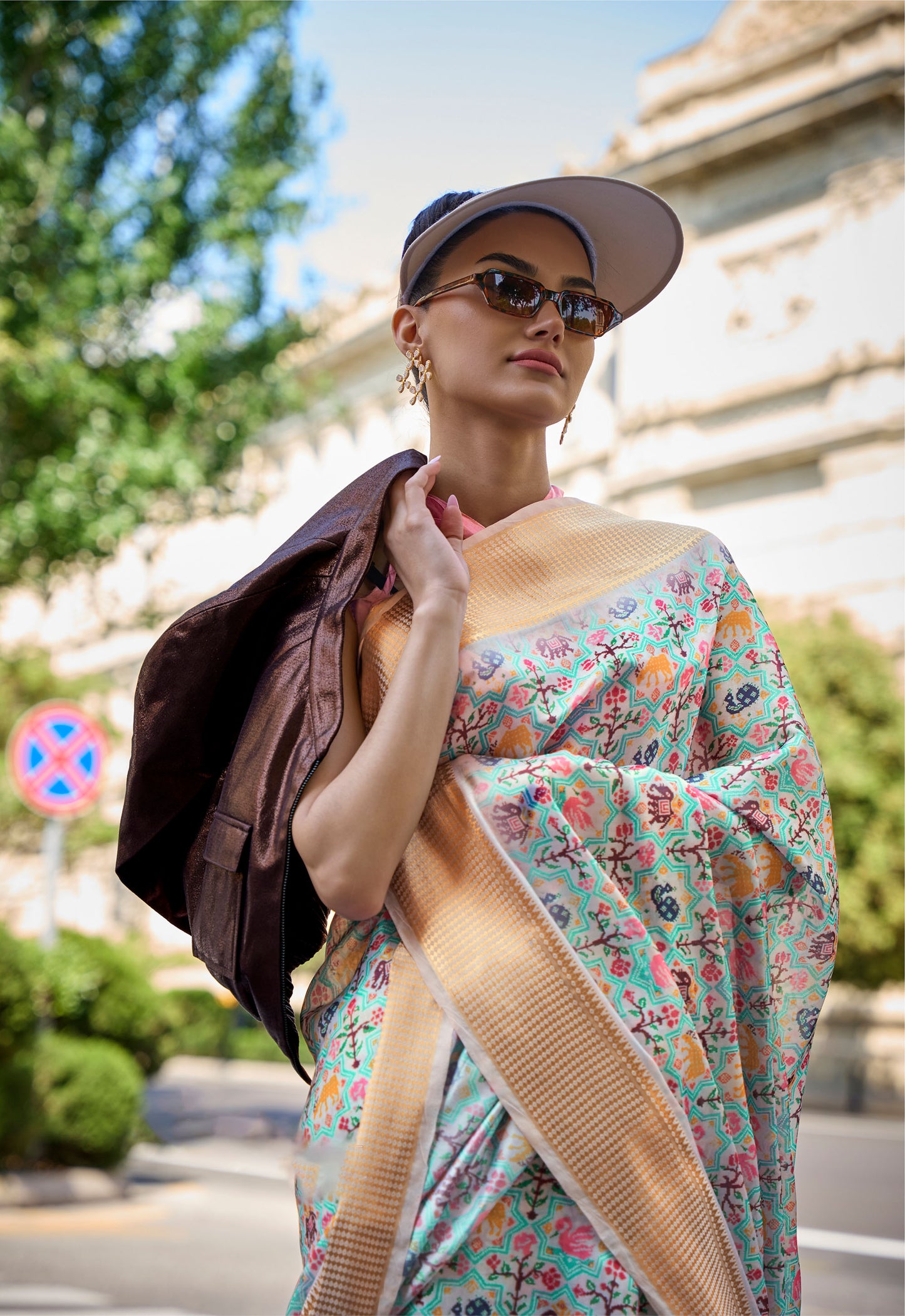 Beige Multi Color Klay Print Satin Organza Saree