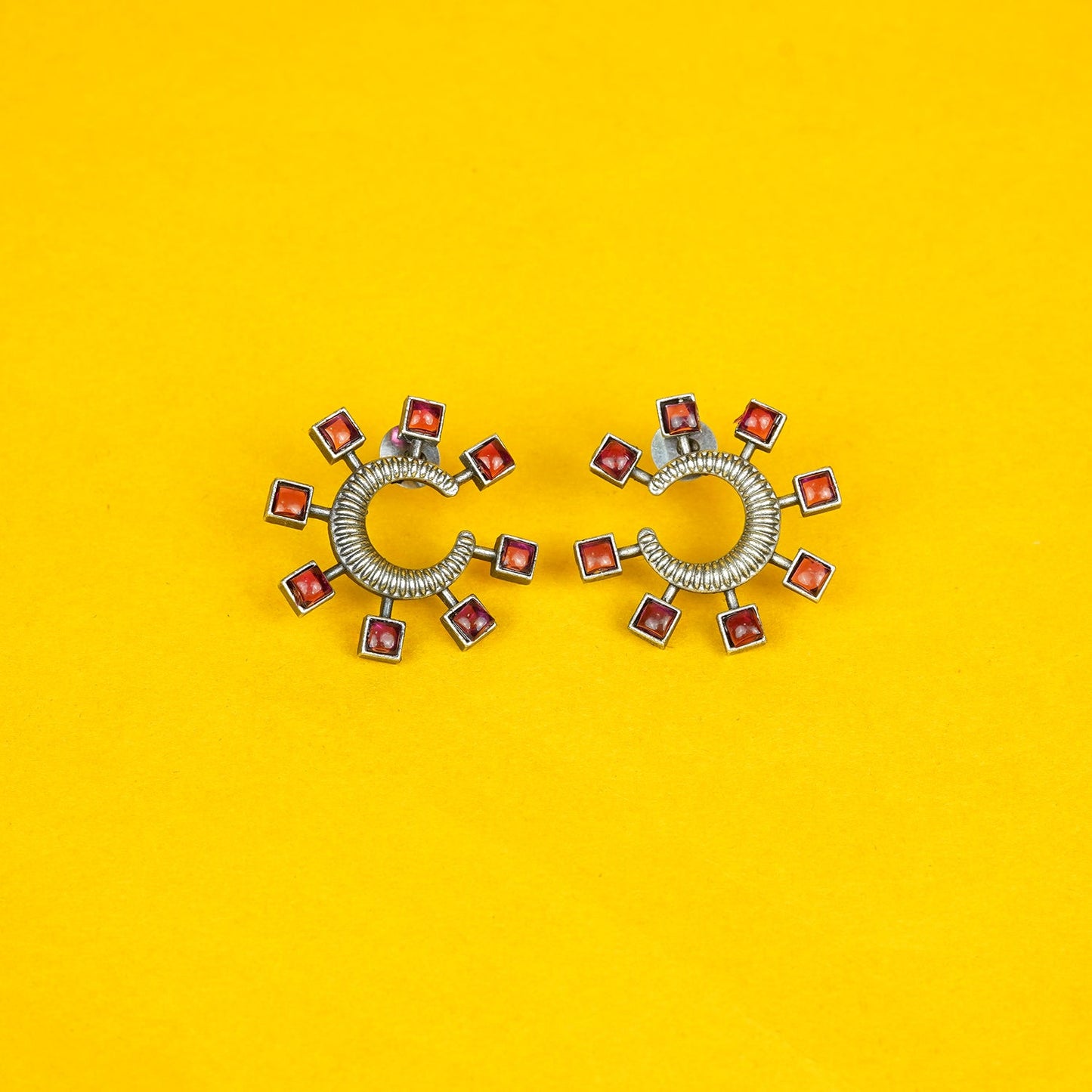 Zevar Club Oxidised Silver-Plated Ruby Pink AD Studded Half-Hoop Earrings