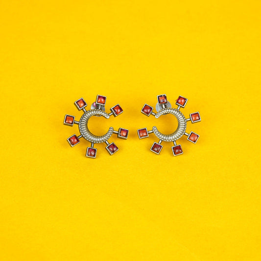 Zevar Club Oxidised Silver-Plated Ruby Pink AD Studded Half-Hoop Earrings