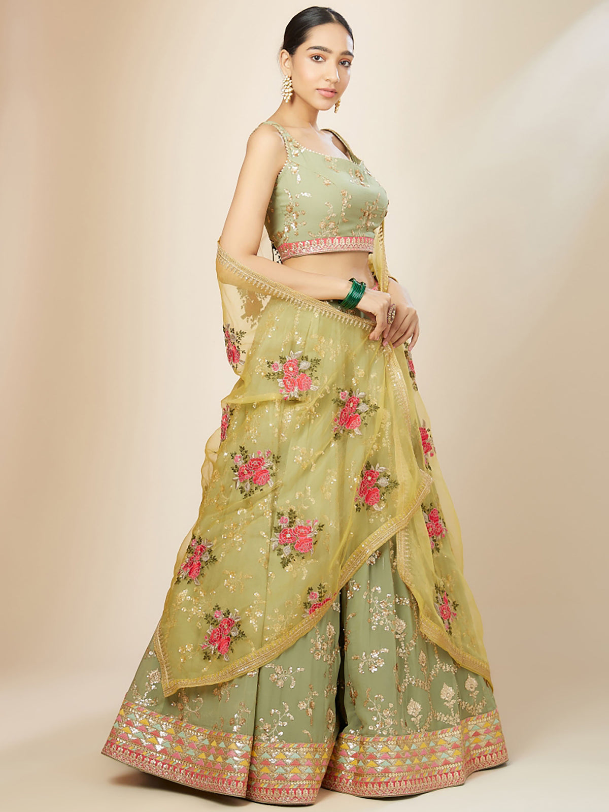 Pista Green & Yellow Georgette Zari & Sequins Work Wedding Guest Lehenga Choli