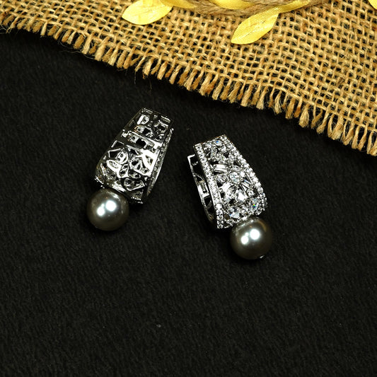 Zevar Club Rhodium-Plated Handcrafted Cubic Zirconia & Black Pearl Drop Earrings