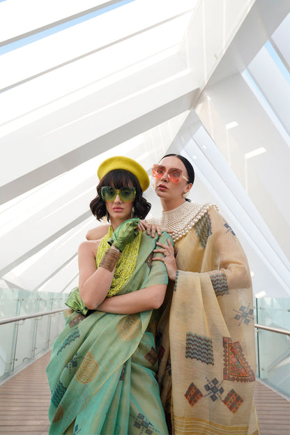 Cream Kroma Zari Tissue handwoven Printed Silk Saree