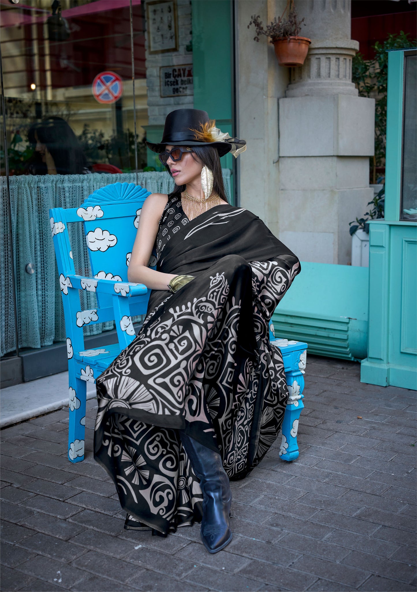 Black Abstract Kazule Contemporary Satin Crepe Saree
