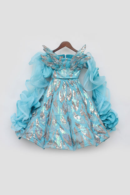 Sky Blue Embroidery Crop Top Skirt